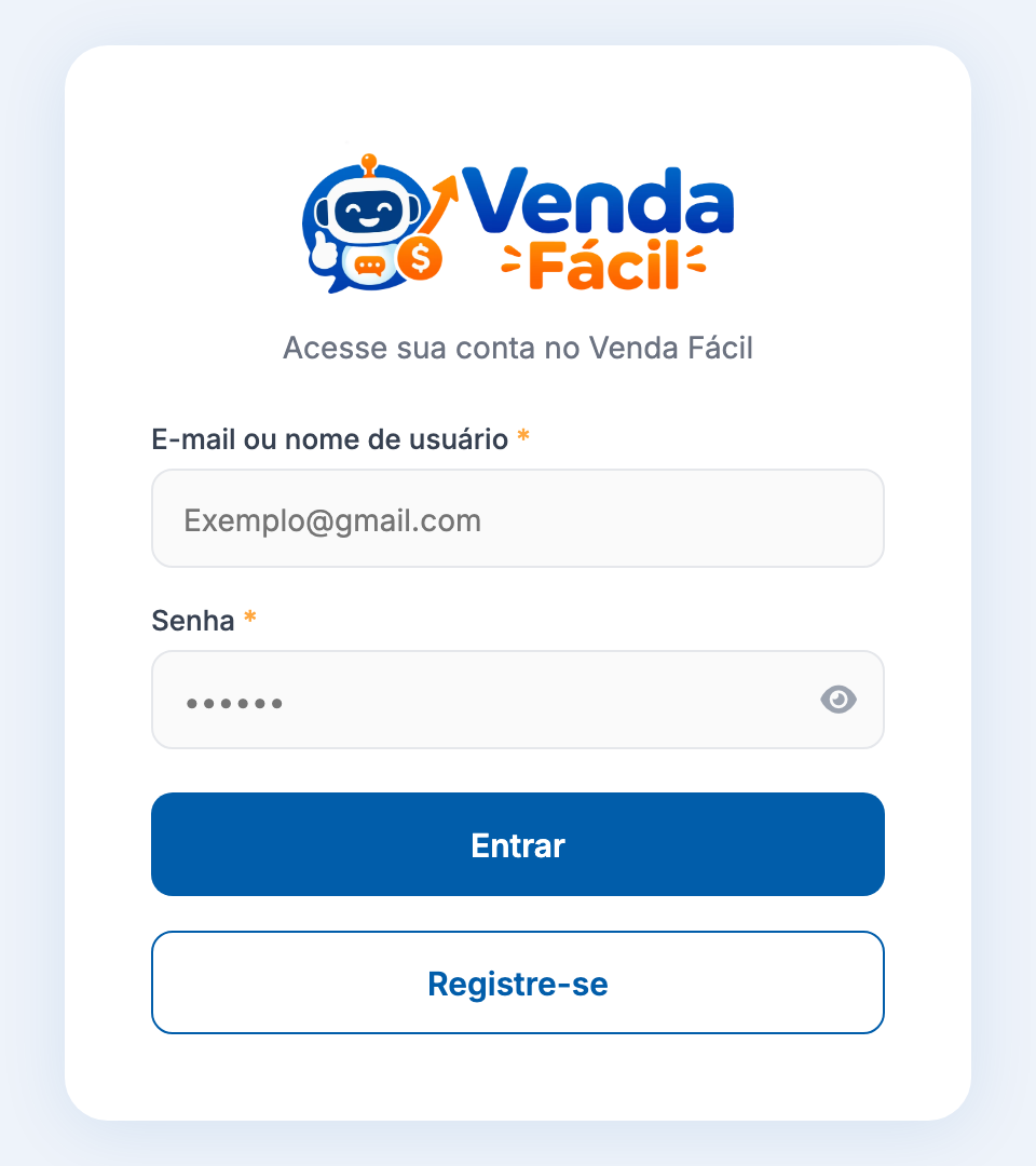 Tela de login do Venda Fácil, pedida ao adicionar o connector